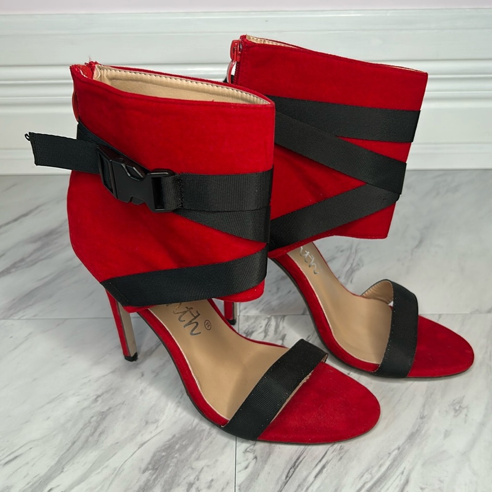 DEleventh Chic Red Women's Velvet Heels with Black Accents